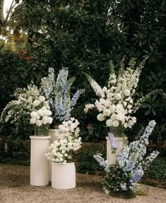 three white vases with blue and white flowers are sitting on the ground in front of some bushes