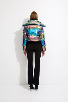 The Fractals Puffer Jacket is a luminescent style with a high cropped bodice. Featuring metallic fabric, a padded double collar, and a concealed front zip closure. Style this puffer jacket over a fitted top and pants for an elevated silhouette.Size & Fit– Relaxed, cropped fit– Model is 182cm / 5'11" tall, size 8 AU / 4 US and wearing size S– See size guide above for garment measurements Iridescent Fitted Long Sleeve Outerwear, Fitted Iridescent Outerwear For Winter, Fitted Iridescent Outerwear For Fall, Fitted Cropped Jacket With Padded Collar, Fitted Puffer Cropped Jacket, Fitted Metallic Outerwear With Zipper Closure, Double Collar, Mood Ring, Metallic Fabric