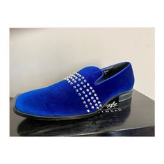 Aftermidnight 6787 Royal Silver Smoking Shoes With Spike Studs Party Dress Shoes Slip-on Closed Toe, Slip-on Closed Toe Party Dress Shoes, Party Synthetic Loafers With Flat Heel, Party Slip-on Loafers With Round Toe, Party Loafers With Slip-on Fit And Round Toe, Slip-on Round Toe Loafers For Party, Blue Slip-on Dress Shoes For Party, Blue Leather Party Dress Shoes, Blue Leather Dress Shoes For Party