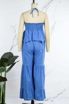 Blue Casual Solid Patchwork Backless Flounce Halter Loose Jumpsuits Blue High Waist Strapless Jumpsuit For Summer, High Waist Blue Jumpsuit With Solid Color, Blue High Waist Solid Jumpsuits And Rompers, High Waist Blue Jumpsuits And Rompers, Blue Strapless Wide Leg Jumpsuit For Summer, Blue High-waist Jumpsuits And Rompers For Beach, Blue High Waist Jumpsuits For The Beach, Blue High Waist Jumpsuits And Rompers For Beach, Loose Jumpsuit