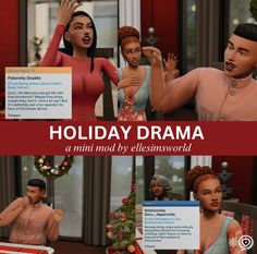 two animated images of people in front of a christmas tree and the words holiday drama