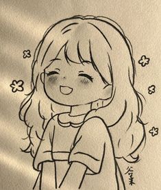 a drawing of a girl with long hair wearing a dress and smiling at the camera