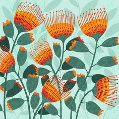 an illustration of orange flowers with green leaves on a light blue background, in the style of art nouveauism