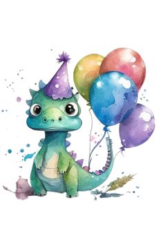 Cute Dinosaurs party. Милая вечеринка динозавров. PNG. Birthday Dragon, Baby Animal Drawings, Watercolor Birthday Cards, Dinosaur Drawing, Watercolor Birthday