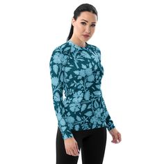 Women's Rash Guard Blue Floral, long sleeve rashguard for women. Don't be afraid to be your most active self in this smooth and versatile long-sleeve rash guard! It protects you from the sun, wind, and other elements while doing sports like surfing, paddle boarding or swimming. Slim fit, flat ergonomic seams, and the longer body gives extra comfort. * 82% polyester, 18% spandex * 6.78 oz/yd² (230 g/m²) (weight may vary by 5%) * Very soft four-way stretch fabric that stretches and recovers on the Stretch Rash Guard With Upf 50+ And Crew Neck, Stretch Crew Neck Rash Guard With Upf 50+, Long Sleeve Stretch Top With Upf 50+, Upf 50+ Stretch Long Sleeve Top, Long Sleeve Rash Guard For Swimming Upf 50+, Long Sleeve Rash Guard Upf 50+ For Swimming, Stretch Long Sleeve Rash Guard Athleisure, Long Sleeve Upf 50+ Rash Guard For Swimming, Stretch Long Sleeve Rash Guard For Athleisure