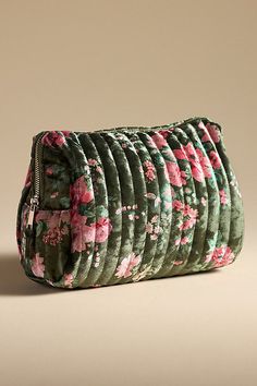 Polyester, elastane; plastic lining Four inner elastic pockets Zipper styling Imported | Quilted Velvet Large Cosmetic Bag by Anthropologie, Women's, Polyester/Plastic/Elastane Quilted Bags, Quilted Velvet, Large Cosmetic Bag, Winter Boho, Perfect Handbag, Shop Makeup, Unique Bags, Quilted Bag, Bags Purses