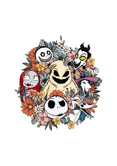 cartoon characters surrounded by flowers and plants on a white background with the words,'happy halloween