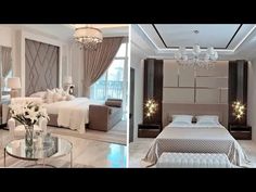 two pictures of a bedroom and living room with chandelier