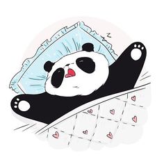 a panda bear sleeping on top of a pillow with hearts around it's feet