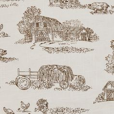 a drawing of farm animals and barns on a white background with brown trimmings