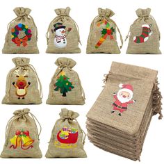 six bags with different designs on them and one has a santa clause in the bag