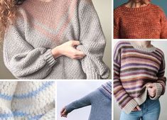 four different knitted sweaters are shown in multiple pictures, including one woman's hand on her hip