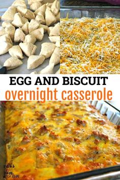 an egg and biscuit casserole is shown in two different pans with cheese on top