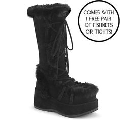 Demonia Cub311/Bvs Black Vegan Suede 2 3/4" (70mm) Platform Lace-Up Mid-Calf Boot Featuring Faux Fur Trim Detail, Full Inner Side Zip Closure Free Shipping And Brand New In Box If You Don't See Your Size, Please Leave A Comment Similar To Camel-311 Cam311 Cam311/B/Sue But Without The Heel Perfect For A Festival Set, Rave Outfit, Goth Boots Style, Dollskill Shoes, Cosplay Costumes, With Punk Clothing, Hot Topic Lovers And More #Nwt #Y2k #Summer #Alternative #Emo Demonia Cubby 311 Outfit, Cubby 311 Outfit, Demonia Cubby 311, Demonia Collection, Demonia Shoes, Grunge Dress, Light Up Shoes, Corsets And Bustiers, 2023 Christmas