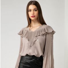 Adelyn Rae Genesis Blouse In Champagne Chic Taupe V-neck Top, Spring Taupe Blouse, Chic Taupe Tops For Spring, Chic Long Sleeve Taupe Tops, Tuscan Villa, Champagne Color, Champagne, Top Blouse, Villa