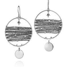 Silver Earrings - A mix of beads strung laterally across a 1-inch wide satin disc, hammered half-flat. Your choice of silver or gold vermeil beads of varying sizes feature intermittently in rows of rare antique metallic Charlotte beads. A small hand-wrapped disc dangles off the loom, both suspended by hammered French hook style ear wires for a lightweight and brilliant alternative to ordinary hoops. Silver Hoop Earrings With Silver Beads, Elegant Round Earrings With Silver Beads, Silver Hoop Earrings With Dangling Beads, Silver Round Metal Beaded Earrings, Elegant Round Beaded Earrings With Silver Beads, Artisan Earrings With Dangling Beads, Silver Round Beaded Metal Earrings, Silver Jewelry With Dangling Round Beads, Silver Jewelry With Round Dangling Beads