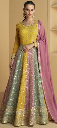 Multicolor color Gown in Georgette fabric with Embroidered, Sequence, Thread, Zari work Designer Anarkali Dresses, Gown With Dupatta, Designer Salwar Kameez, Salwar Kamiz, Designer Anarkali, Anarkali Gown, Party Kleidung, Salwar Kameez Designs, Anarkali Suit