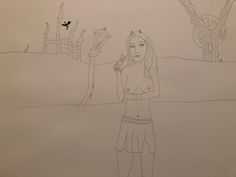 a drawing of a girl holding a hammer in front of a castle with a bird on it