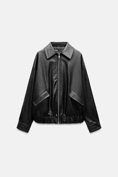 FAUX LEATHER OVERSIZED JACKET - Black | ZARA United States Oversized Collared Leather Jacket For Winter, Oversized Collared Leather Jacket For Fall, Fall Biker Jacket With Lapel Collar And Pockets, Trendy Collared Biker Jacket For Work, Fall Outerwear With Zipper Closure And Lapel Collar, Fall Workwear Collared Biker Jacket, Fall Collared Biker Jacket With Flap Pockets, Winter Biker Jacket With Zipper And Collar, Winter Collared Biker Jacket With Zipper Closure