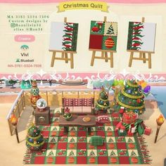 the christmas quilt is being displayed in front of two easels and other items on display