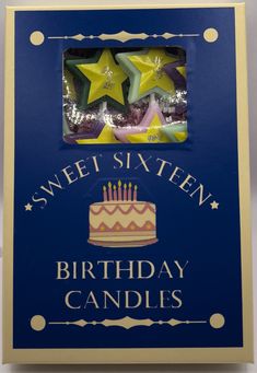 a blue sign that says sweet sixteen birthday candles in front of it with stars on top