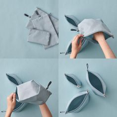 four images show how to make a purse with the zippers open and folded in half