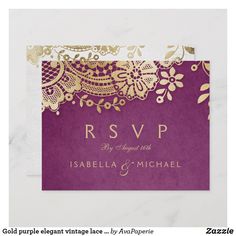 purple and gold wedding rsvp card with floral lace on the front, printed in gold foil