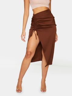 Chocolate Woven Ruched Detail Midi Skirt - Shirts - INS | Online Fashion Free Shipping Clothing Nude Crop Top, Dope Clothes, Spring Skirts, New Clothes, Woman Fashion, Skirt Outfits, Casual Fall, Jeans Dress, Classy Outfits