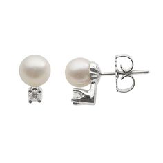 Add timeless beauty to any ensemble with these AA Akoya cultured pearl and diamond stud earrings.Earring Details: Length: 9.4 mm Backings: post Metal: rhodium-plated 18k white goldCultured Pearl Details: Type: Akoya Shape: round Size: 6-6.5 mm Color: whiteDiamond Details: Total weight: 1/10 ct. Cut: round Color: G-H Clarity: SI2 Setting: prongImage(s) may be enlarged to show detail.Diamond weights are approximate. Diamond total weights may vary between .01 and .08 ct. Some diamonds have fewer th White Gold Stud Earrings, Round Diamond Earrings, White Diamond Earrings, White Gold Earrings Studs, White Gold Studs, Gold Stud Earrings, Diamond Stud Earrings, White Gold Jewelry, Pearl Diamond