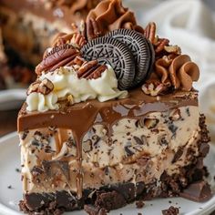 a piece of ice cream pie on a plate with chocolate and pecans around it