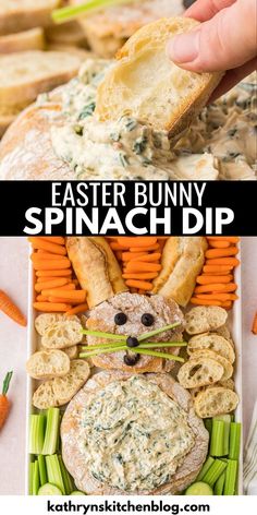 an easter bunny spinach dip with carrots, celery and bread