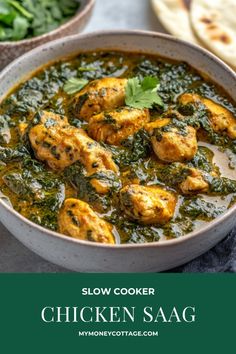 slow cooker chicken saag with spinach and pita bread in the background