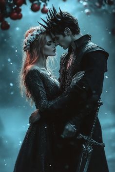 a man and woman dressed as snow queen kissing