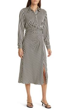 An attached side-tie adds a playful twist to this long-sleeve desk-to-dinner shirtdress slashed with crisp black-and-white stripes. 48 1/2" length (size Medium) Point collar Long sleeves Attached waist tie 100% polyester Hand wash, line dry Imported Shirt Dress With Belt, Float Dress, Casual Work Attire, Midi Sweater Dress, Work Dresses For Women, Beaded Jacket, Work Dresses, Long Sleeve Shift Dress, Square Neck Dress