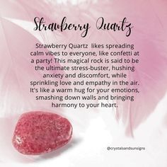 Strawberry quartz has a gentle, soothing energy that promotes love, positivity, and inner peace. It is said to help balance emotions, enhance intuition, and attract love and abundance into your life. 🍓💖 This beautiful crystal is perfect for anyone looking to heal their heart and connect with their emotions. #StrawberryQuartz #HealingProperties #LoveAndAbundance #reddeerwellness #reddeergemstoneshop #gemstoneshop #albertagemstoneshop Pink Jade Meaning, Crystals For Periods, Strawberry Quartz Crystal Meaning, Mindful Crafts, Crystal Magick, Jade Meaning, Strawberry Crystal