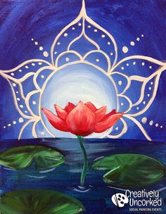 an acrylic painting of a red flower in the water with lily pads on it