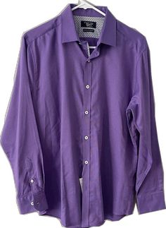 Purple Cotton Business Casual Shirt, Fitted Long Sleeve Shirt With Functional Buttons, Business Casual Purple Cotton Shirt, Long Sleeve Cotton Dress Shirt With Buttons, Cotton Long Sleeve Shirt With Covered Buttons, Cotton Dress Shirt With Button Closure, Cotton Dress Shirt With Collar And Button Closure, Cotton Dress Shirt With Button Closure And Collar, Purple Shirt With Button Cuffs Long Sleeve