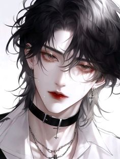 an anime character with black hair wearing a white shirt and choker, looking at the camera