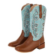 These unique boots are made from environmentally-friendly PU leather and feature a beautiful light blue pattern. They're perfect for any western-style outfit and are sure to add a touch of boho chic to your look. Specs: Material: PU Leather Fits true to size Western Turquoise Boots For Fall, Western Turquoise Boots For Rodeo, Bohemian Snip Toe Boots For Rodeo, Turquoise Western Boots For Ranch, Blue Snip Toe Boots For Rodeo, Western Blue Boots With Round Toe, Blue Western Boots With Round Toe, Blue Western Boots For Ranch, Western Style Blue Boots For Ranch