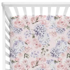 hydrangea crib sheet Lilac Nursery, Lavender Nursery, Girl Nursery Pink, Floral Crib Sheet, Purple Nursery, Girl Nursery Themes, Purple Hydrangea, Hydrangea Print, Nursery Room Design