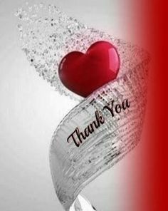 a red heart sitting on top of a white ribbon with the words thank you written in it