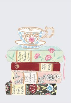 a stack of books with a tea cup on top of it and the words love written in