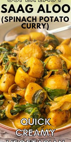 a plate with some food on it and the words super easy saag aloo spinach potato curry