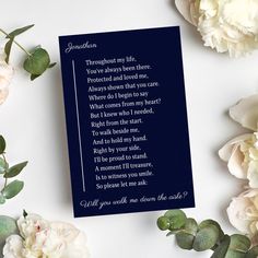 Are you looking for a touching way to ask a special person to walk you down the aisle at your upcoming wedding? If so, then look no further! This is exactly what you need! Our very special 'will you walk me down the aisle?' print is the perfect way to ask someone you love to do this emotional job! Hand designed with a special touching poem that has been written by me personally! It is sure to bring tears of joy to whoever receives it! This listing is for a DIGITAL DOWNLOAD 'will you walk me down Bride Card, Grandad Gift, Wedding Greeting Cards, Me Personally, Card Print, Navy Blue Wedding, Tears Of Joy, Wedding Keepsakes, Gifts For Brother