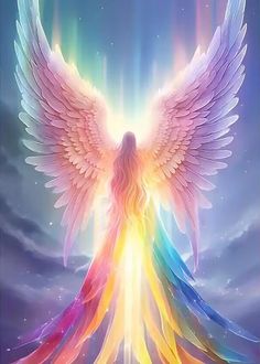 an angel standing in the sky with rainbow wings