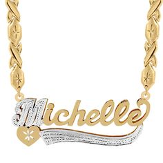 Our Personalized Double plated name necklace "Michelle" can be your next treat. The first letter is filled with beading and is available in Sterling Silver and Gold over Sterling Silver. The name can be personalized with a name of up to 10 characters (Letters only, NO numbers, or special characters). Customizable with using letters. Gold Hallmark Nameplate Necklace, Gold Nameplate Necklace With Hallmark, Gold Hallmarked Nameplate Necklace, Valentine's Day Nameplate Necklace With Hallmark, Valentine's Day Nameplate Jewelry With Hallmark, Valentine's Day Nameplate Jewelry With Names, Valentine's Day Hallmark Nameplate Necklace, Valentine's Day Nameplate Name Bracelet, Valentine's Day Nameplate Necklace