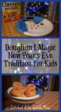 two plates with doughnuts on them in front of a christmas tree and other decorations