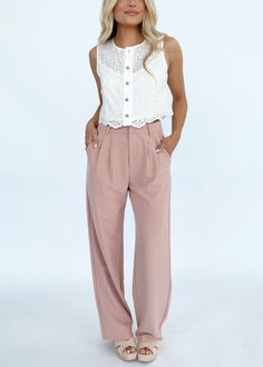 Introducing our woven pants, featuring a flattering pleated design and high-waisted fit for a professional, chic look. Complete with pocket details, button and zipper closure, and a straight leg, these pants offer both style and functionality. Elevate your wardrobe with a pop of color and versatile, sophisticated design that's perfect for work, dinner, or drinks. Experience luxurious comfort and elevated style with these trendy, classy pants. Self 80% Polyester 15% Rayon 5% Spandex Hand wash col Chic Chinos Trousers For Spring, Chic Spring Chinos Trousers, Chic Chinos For Spring, High-waisted Chinos With Button Closure For Work, Spring Business Casual Wide Leg Pants With Welt Pockets, Teen Work Outfits, Chic Solid Work Pants For Spring, Chic Wide-leg Chinos For Spring, High-waisted Summer Chinos For Workwear