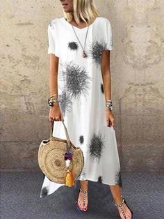 White Round Neck Abstract Print Casual Holiday Short Sleeve Midi Dress Bohemian Beach Dress, Shift Dress Casual, Maxi Shift Dress, Short Sleeve Maxi Dresses, Midi Short Sleeve Dress, Polyester Dress, Printed Midi Dress, Cheap Dresses, Long Sleeve Maxi Dress