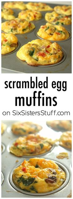 an egg muffin in a muffin tin with the words scrambled egg muffins on it